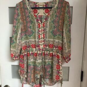 En Creme Green and Red 3/4 Sleeve Tie Front Romper